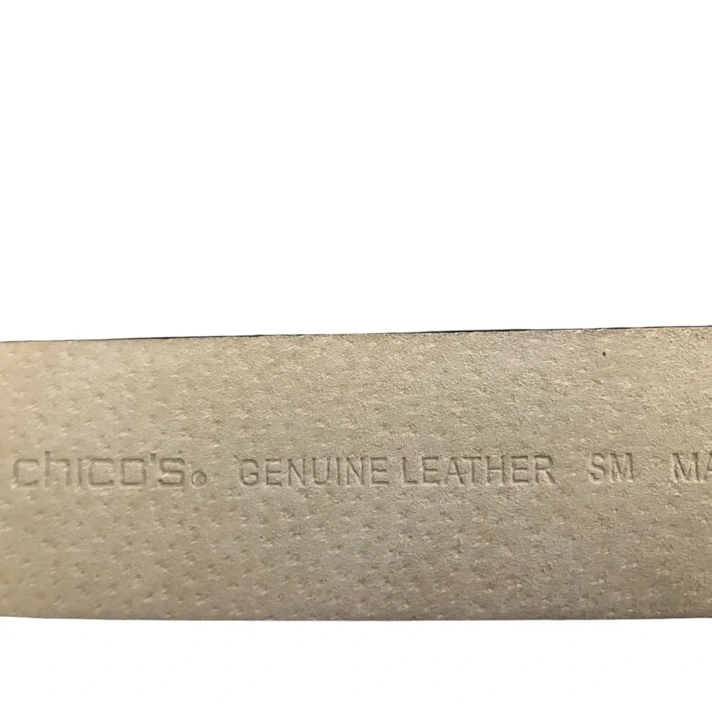 CHICOs Belt Leather Black Gold Silver Tone Hook Buckle Art To Wear Statement S/M